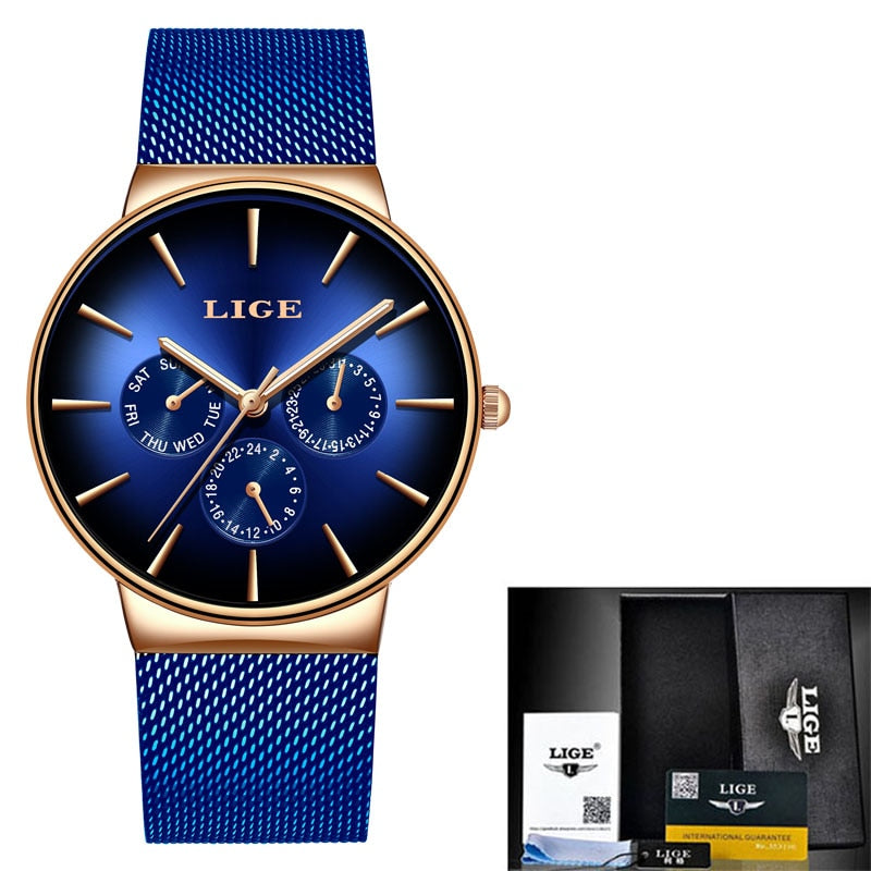 LIGE Luxury Quartz Watch Men Mesh Steel  Waterproof Ultra-thin Wristwatch