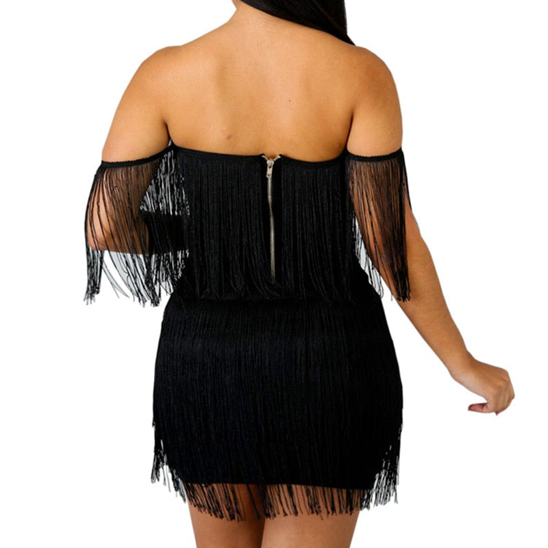 Sexy V Neck Off Shoulder Tassel Mini Fringe Club Dresses Vestidos