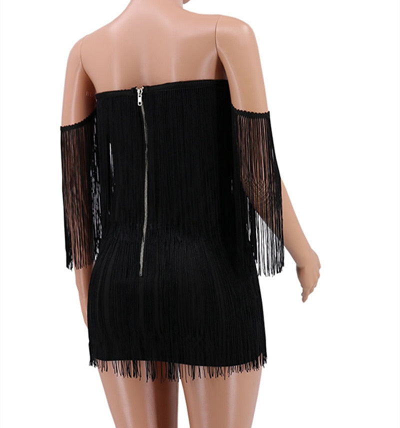 Sexy V Neck Off Shoulder Tassel Mini Fringe Club Dresses Vestidos