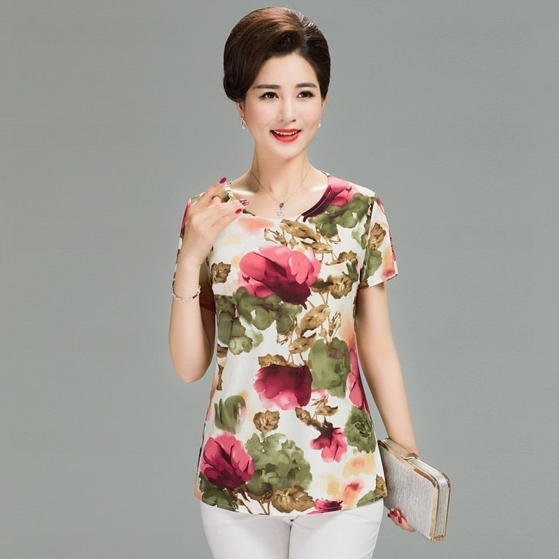 Women T Shirt Print Short Sleeve Milk Silk