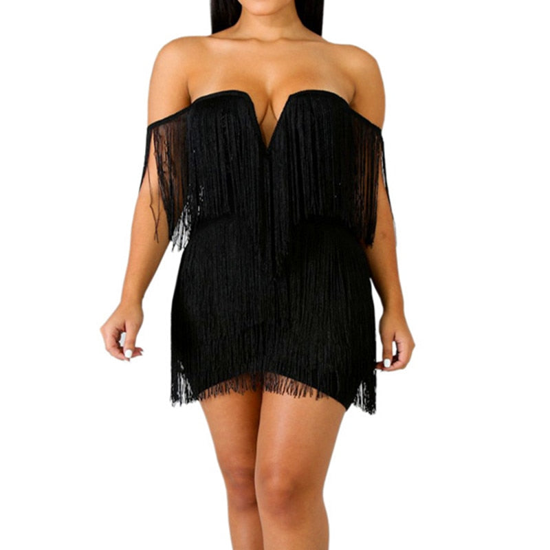 Sexy V Neck Off Shoulder Tassel Mini Fringe Club Dresses Vestidos