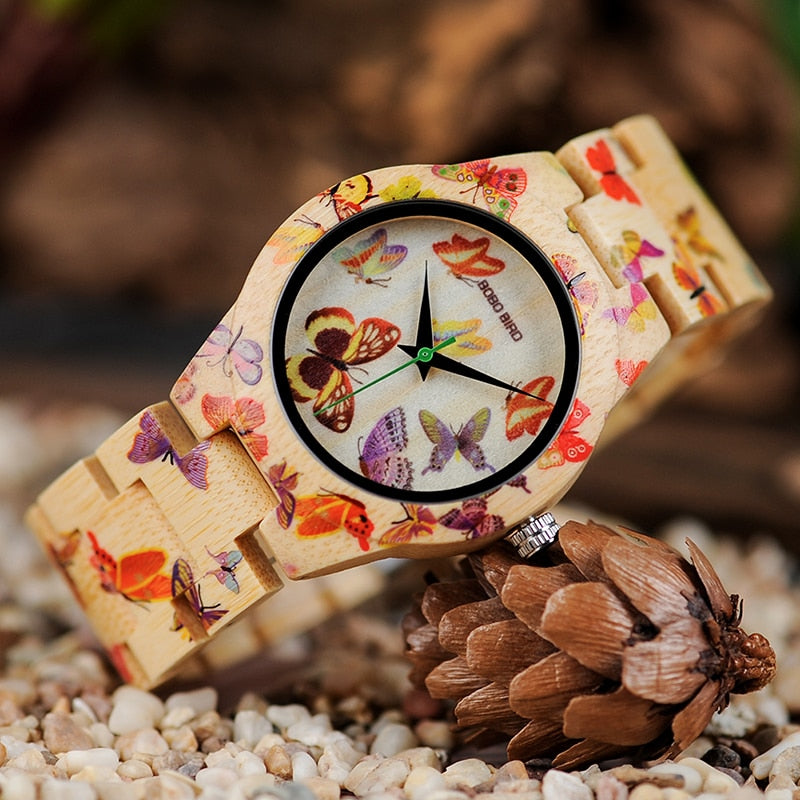 BOBO BIRD Ladies Wood Watch Women montre femme Bamboo Band Painting Butterfly