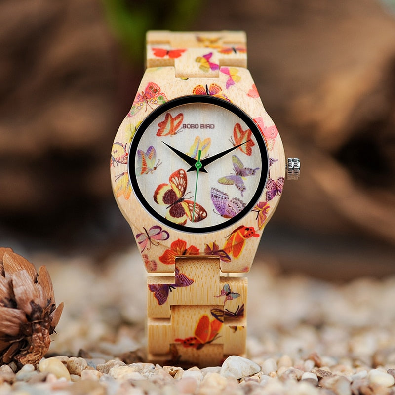 BOBO BIRD Ladies Wood Watch Women montre femme Bamboo Band Painting Butterfly