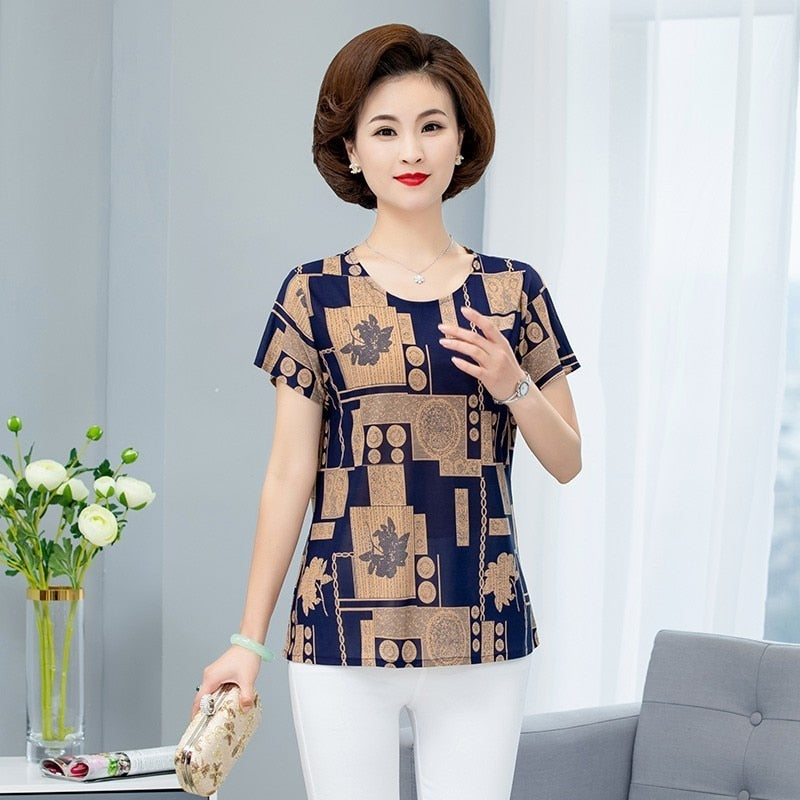 Women T Shirt Print Short Sleeve Milk Silk