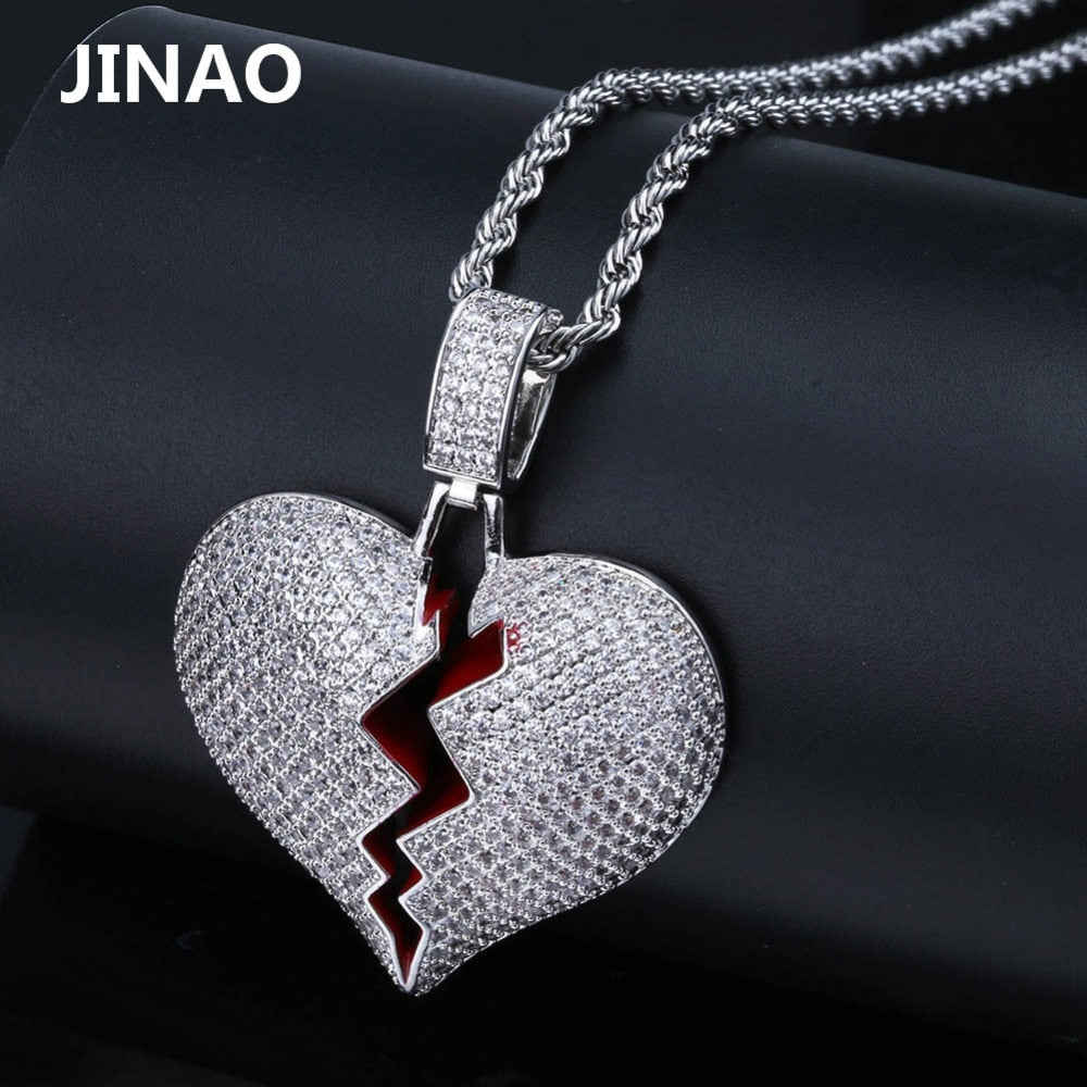 Broken Heart Iced Out Chain Pendant Necklace Statement Gold Color Cubic Zircon