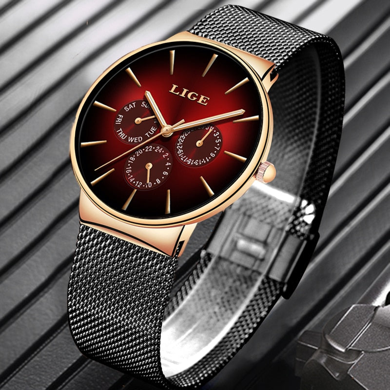 LIGE Luxury Quartz Watch Men Mesh Steel  Waterproof Ultra-thin Wristwatch