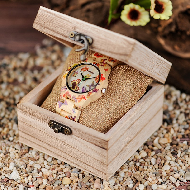 BOBO BIRD Ladies Wood Watch Women montre femme Bamboo Band Painting Butterfly