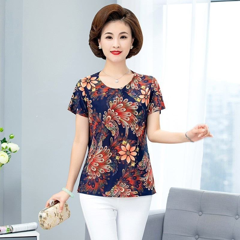 Women T Shirt Print Short Sleeve Milk Silk