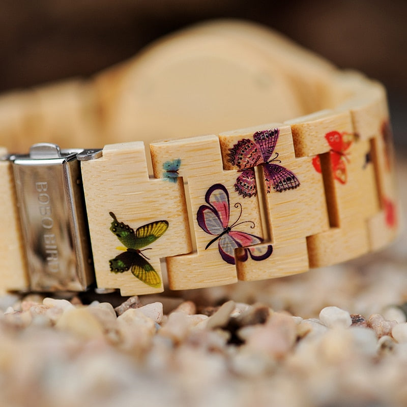 BOBO BIRD Ladies Wood Watch Women montre femme Bamboo Band Painting Butterfly