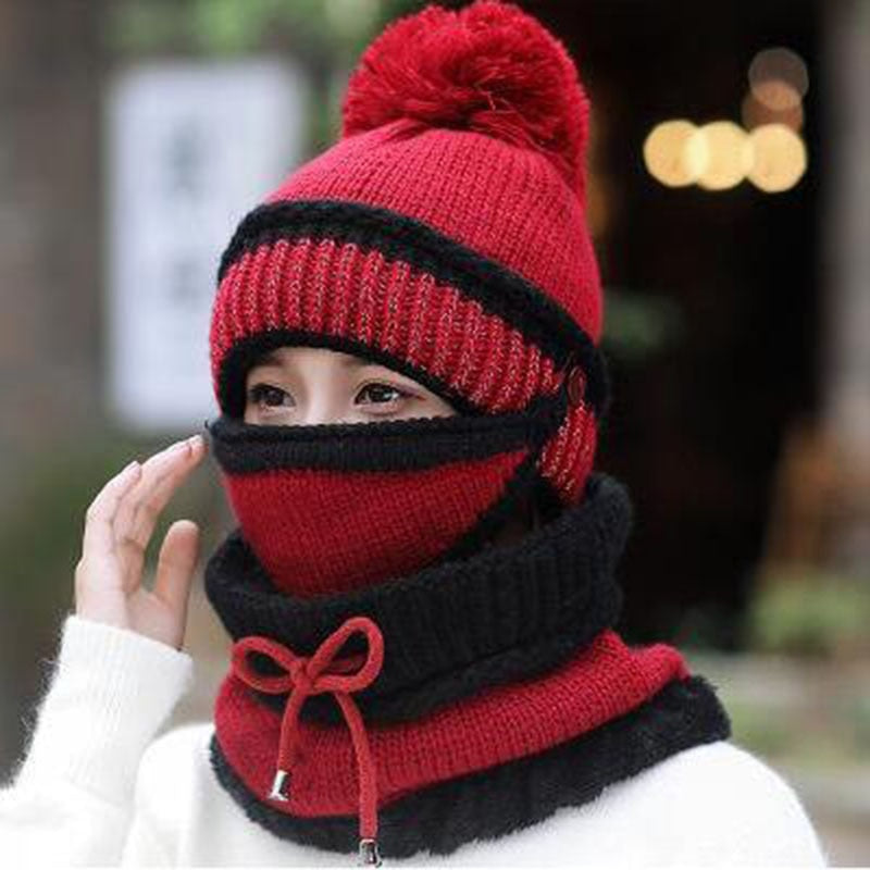 Hat winter women Scarf Thick Warm Fleece Inside Knitted Hat Scarf Set 3pcs