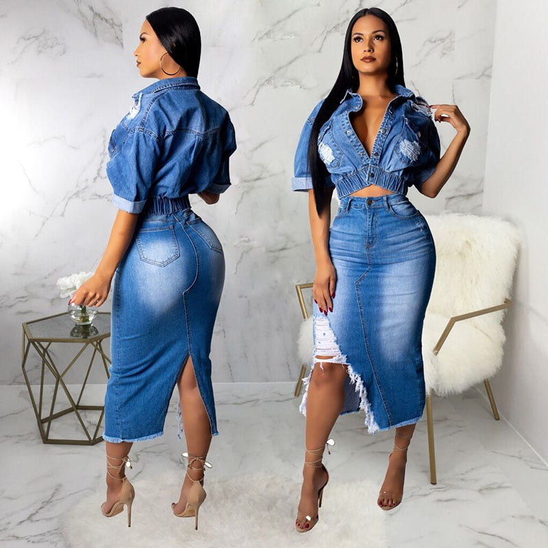 Sets Casual Slim Jeans Dress Women Short Jacket 2 Piece Set  Denim Matching Set