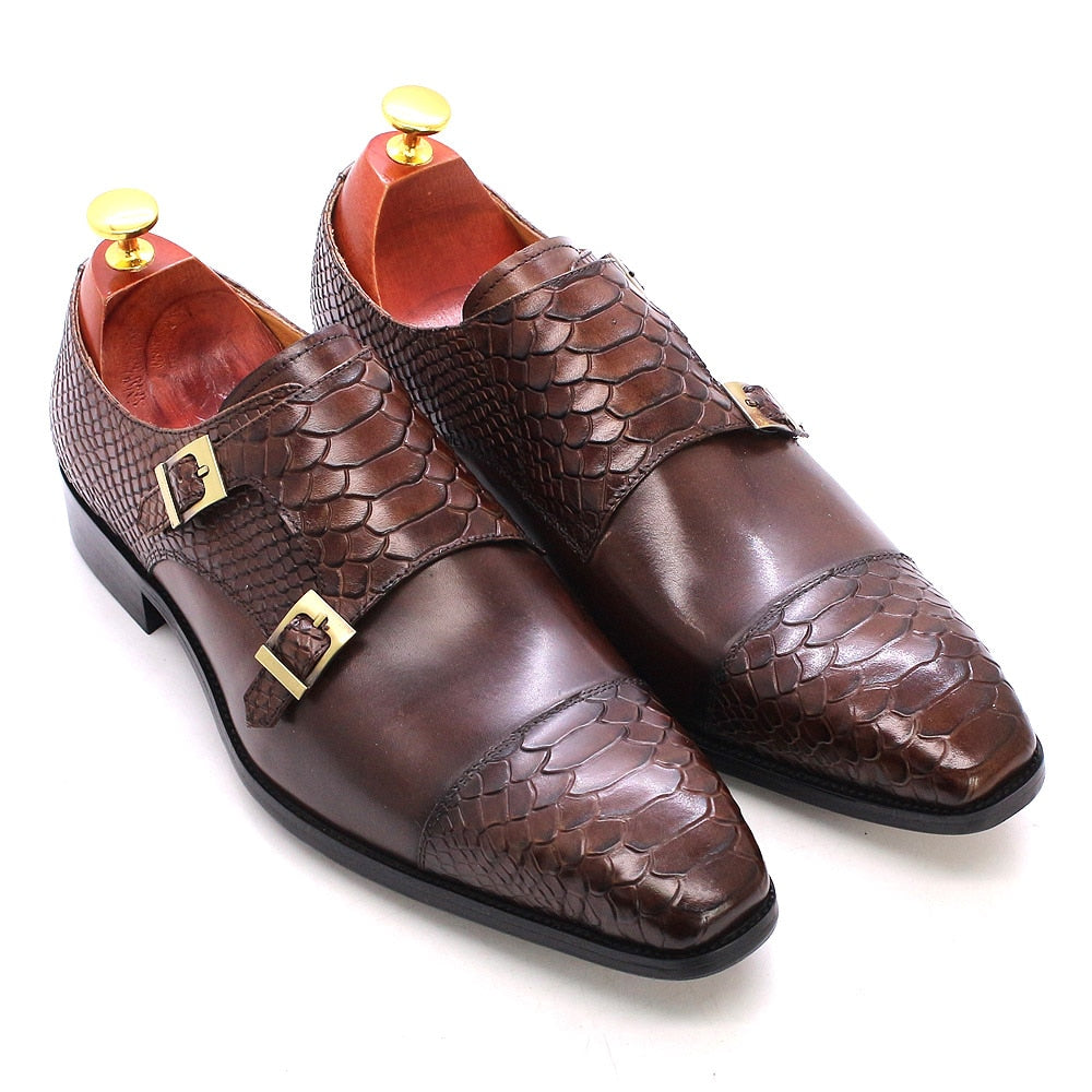 Mens Dress Shoes Genuine Leather Double Buckle Monk Strap Men Shoes Snake