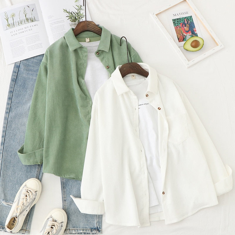 Spring Shirts Women Corduroy Blouses Loose Long Sleeve Solid Lady Tops