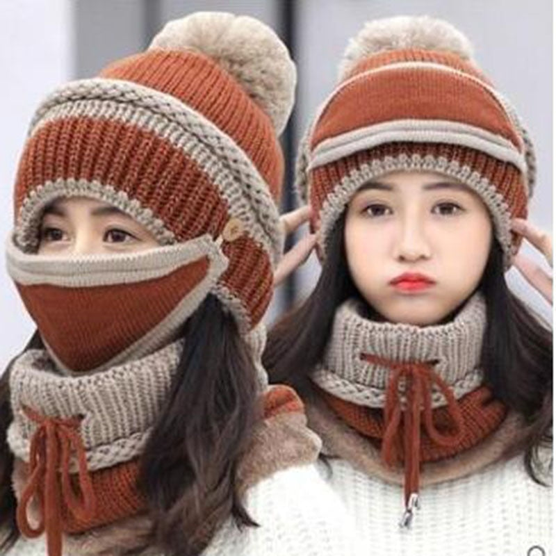 Hat winter women Scarf Thick Warm Fleece Inside Knitted Hat Scarf Set 3pcs