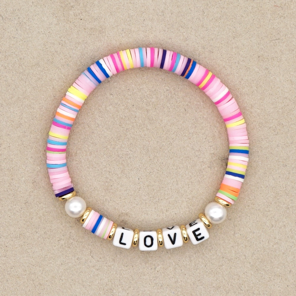 Boho Style Handmade Natural Shell and Beaded Multicolor Clay and Pearl Letter Bracelet