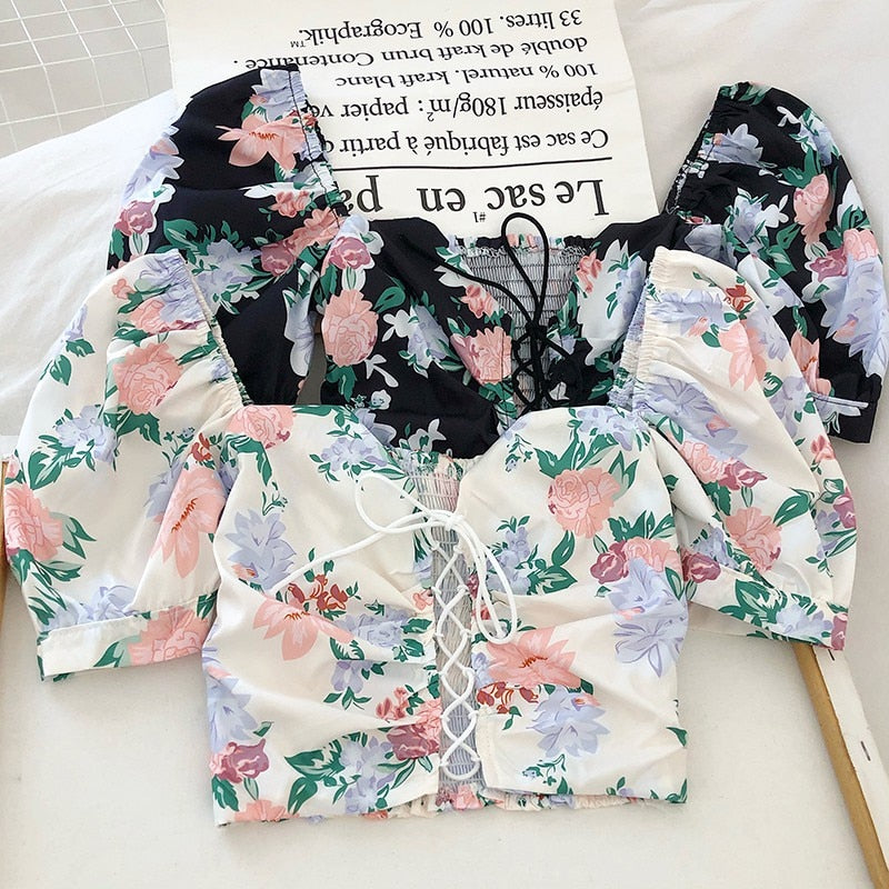 Floral Print  Drawstring Blouses Shirt Women Short Sleeve French Vintage