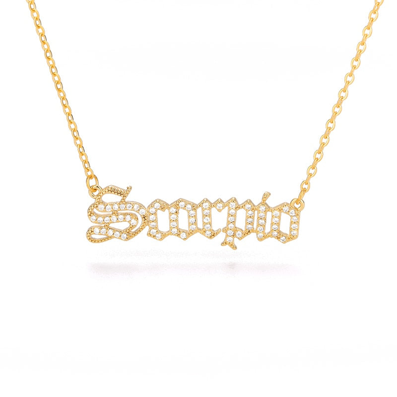 Zircon Zodiac Necklace 12 Constellation Crystal English Letter Choker Necklace Bijoux