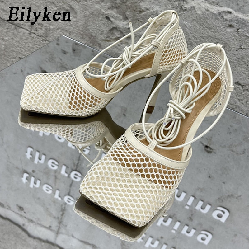 Eilyken Sexy Hollow Out Mesh Women Pumps Lace-Up Sandals  Square Toe High Heel