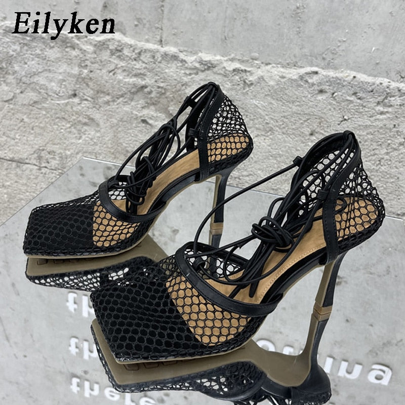 Eilyken Sexy Hollow Out Mesh Women Pumps Lace-Up Sandals  Square Toe High Heel