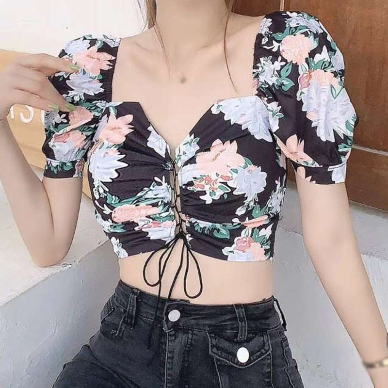 Floral Print  Drawstring Blouses Shirt Women Short Sleeve French Vintage