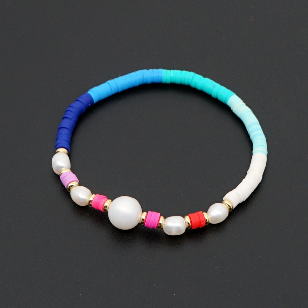 Boho Style Handmade Natural Shell and Beaded Multicolor Clay and Pearl Letter Bracelet