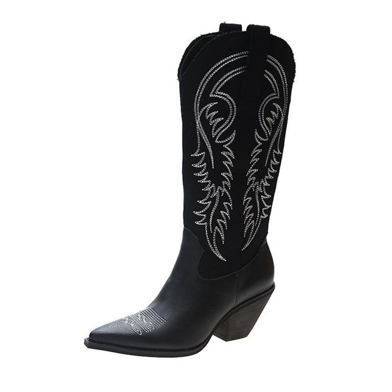 High Heel Leather Shoes Knee-High Cowboy Boots