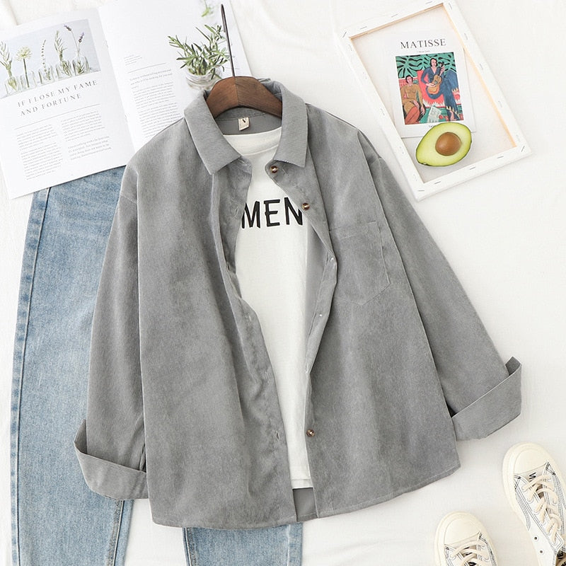 Spring Shirts Women Corduroy Blouses Loose Long Sleeve Solid Lady Tops