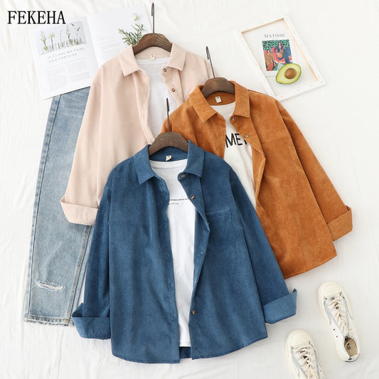 Spring Shirts Women Corduroy Blouses Loose Long Sleeve Solid Lady Tops