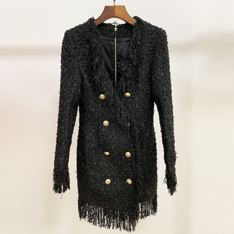 Long Sleeve Metal Lion Buttons Fringed Tweed Tassel Dress