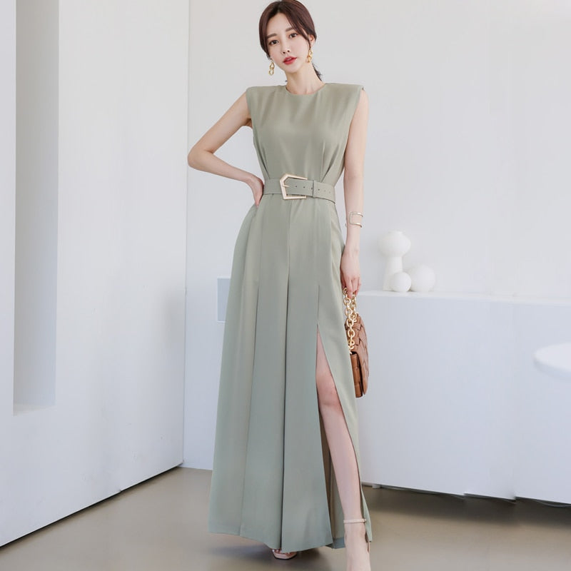 Ladies Jumpsuits Sleeveless O Neck Sashes Rompers Jumpsuit with Belt