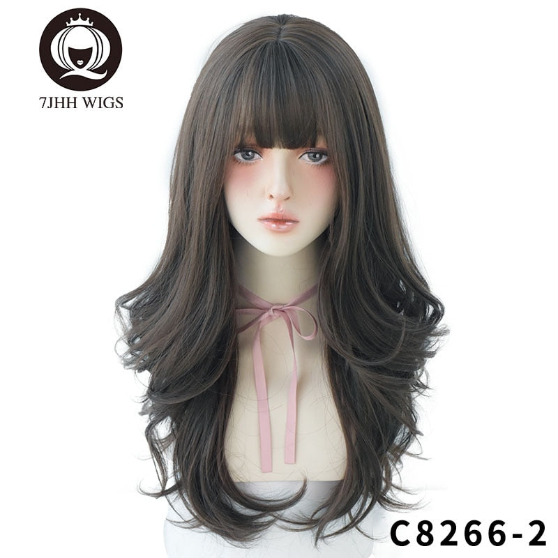 Long Wavy Synthetic Black Wigs For Women With Fringe Fashion Heat Resistant