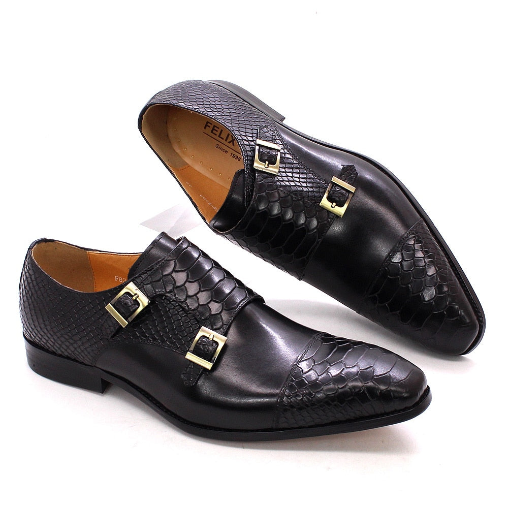 Mens Dress Shoes Genuine Leather Double Buckle Monk Strap Men Shoes Snake