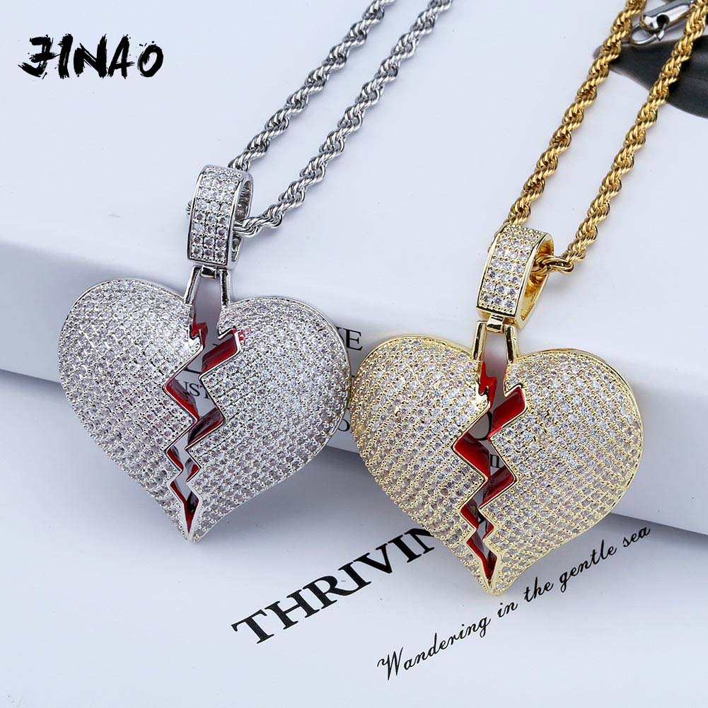 Broken Heart Iced Out Chain Pendant Necklace Statement Gold Color Cubic Zircon