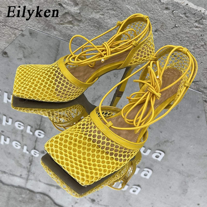 Eilyken Sexy Hollow Out Mesh Women Pumps Lace-Up Sandals  Square Toe High Heel