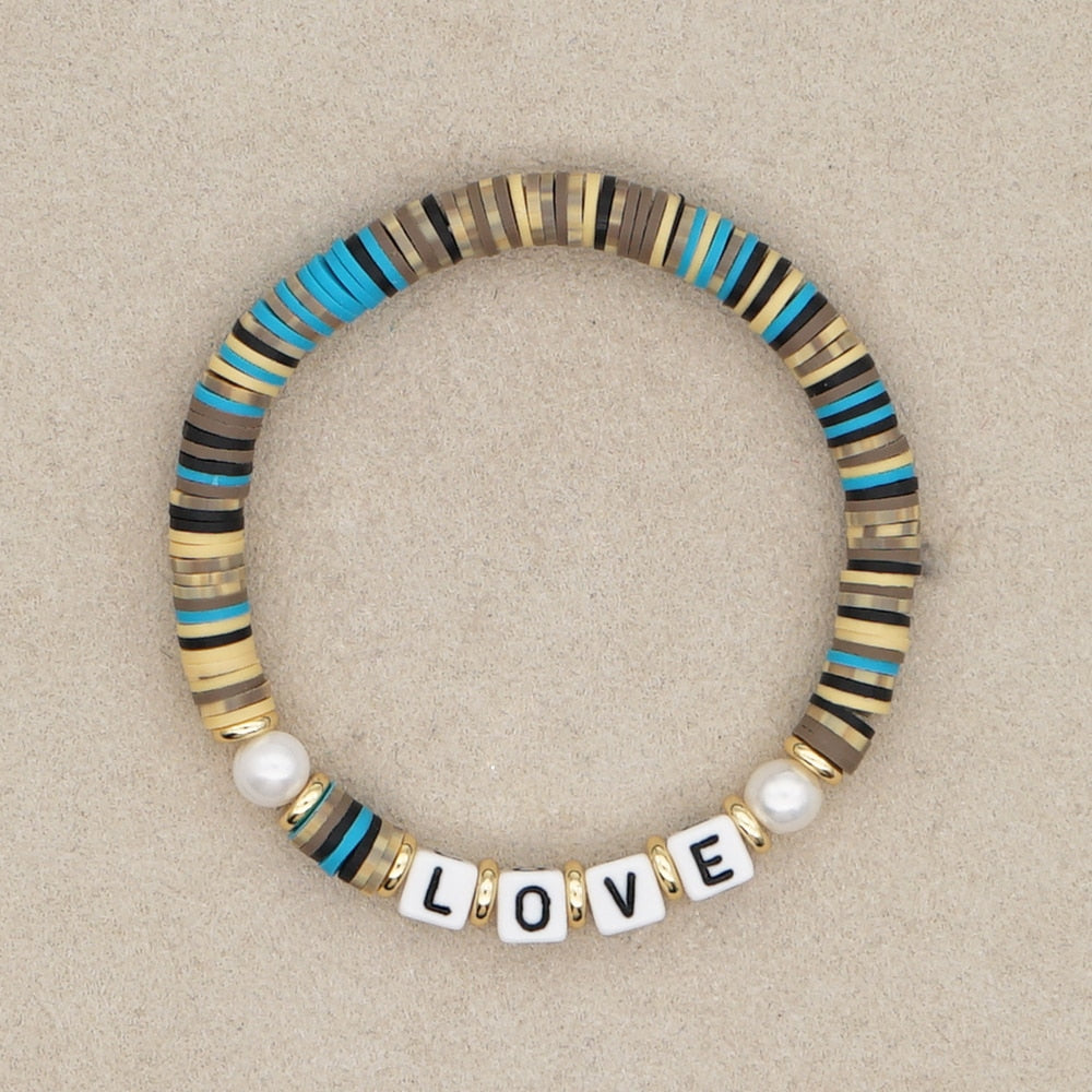 Boho Style Handmade Natural Shell and Beaded Multicolor Clay and Pearl Letter Bracelet