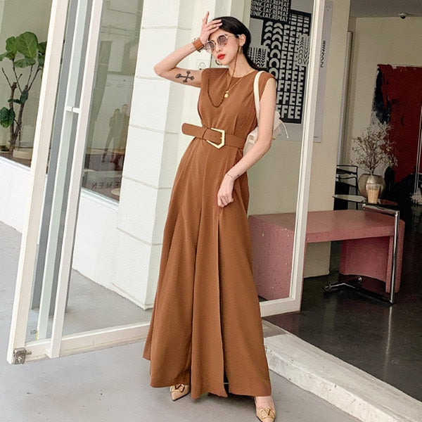 Ladies Jumpsuits Sleeveless O Neck Sashes Rompers Jumpsuit with Belt