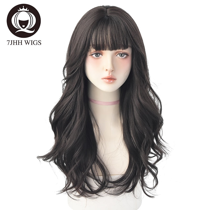 Long Wavy Synthetic Black Wigs For Women With Fringe Fashion Heat Resistant