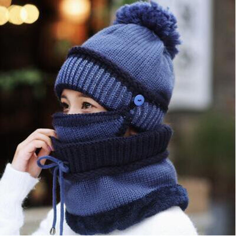 Hat winter women Scarf Thick Warm Fleece Inside Knitted Hat Scarf Set 3pcs