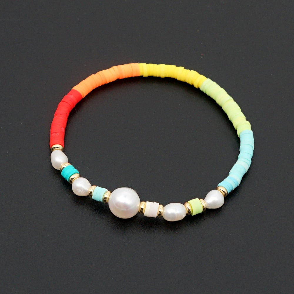 Boho Style Handmade Natural Shell and Beaded Multicolor Clay and Pearl Letter Bracelet