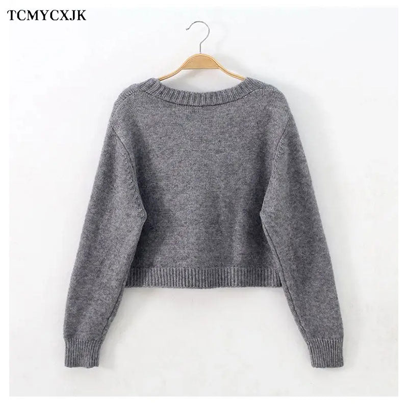 Short High Waist Slim Cable V-neck Sweater