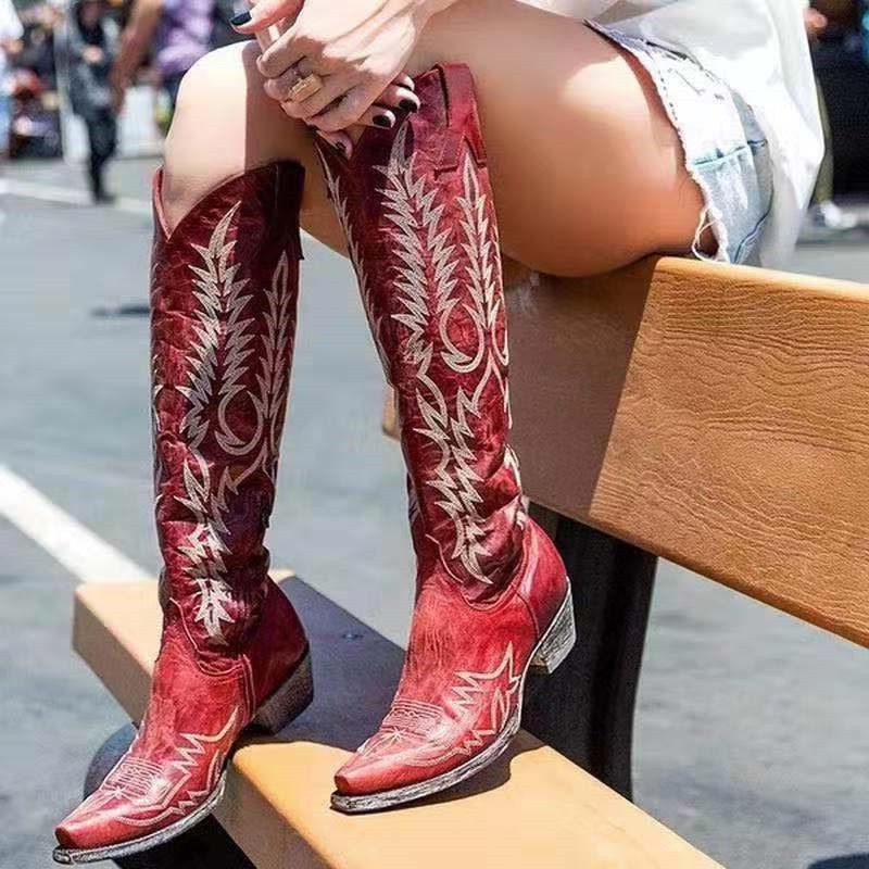 High Heel Leather Shoes Knee-High Cowboy Boots