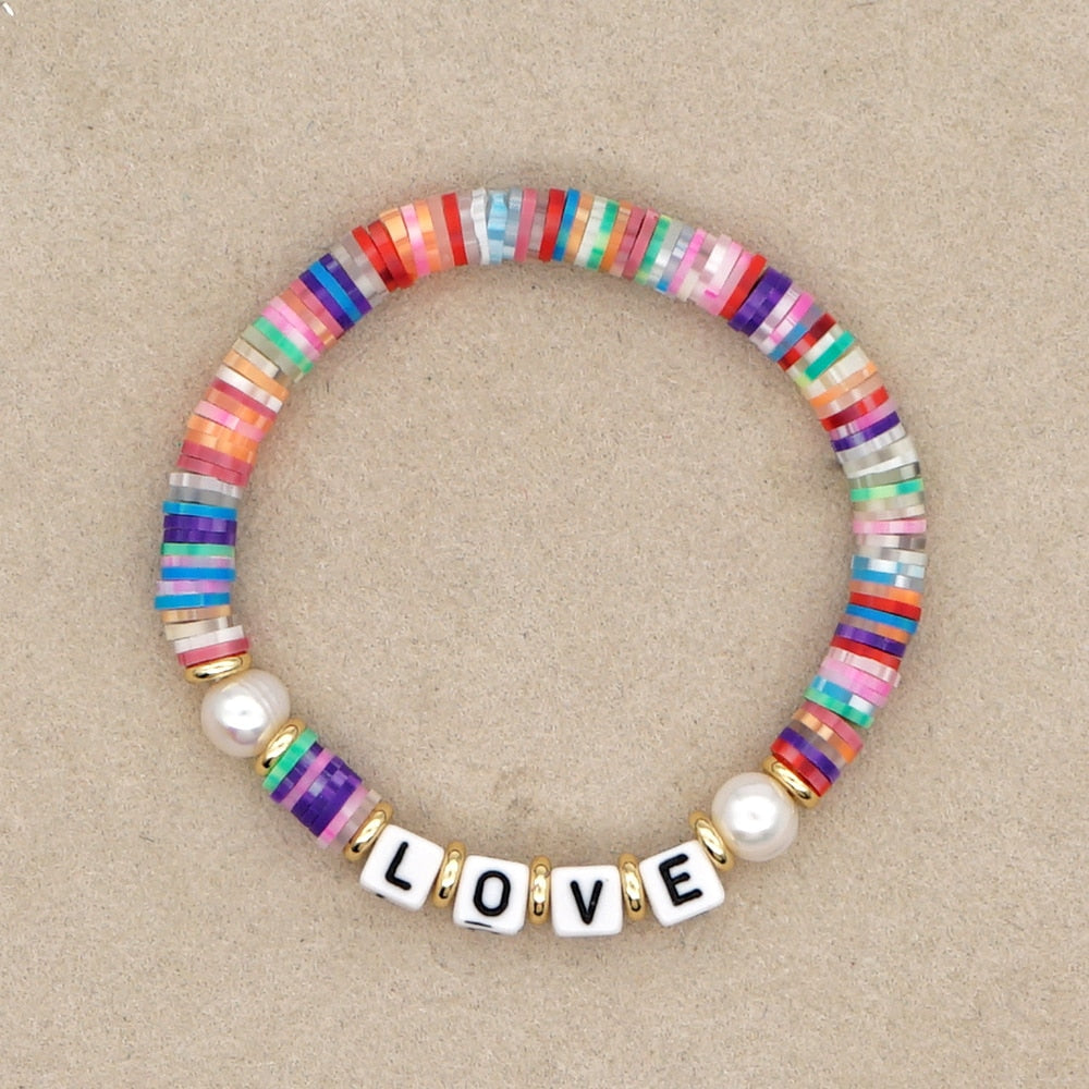 Boho Style Handmade Natural Shell and Beaded Multicolor Clay and Pearl Letter Bracelet