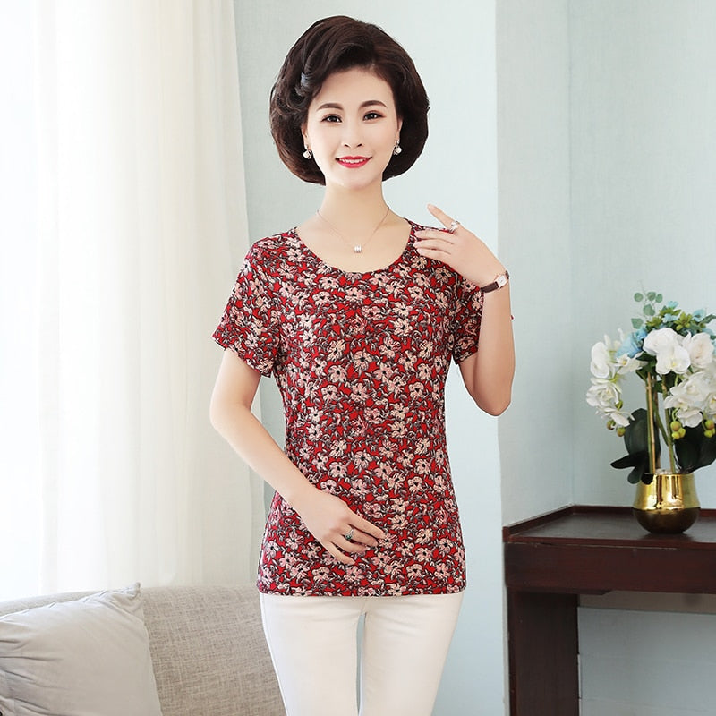 Women T Shirt Print Short Sleeve Milk Silk