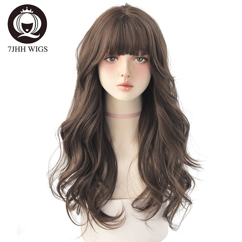 Long Wavy Synthetic Black Wigs For Women With Fringe Fashion Heat Resistant