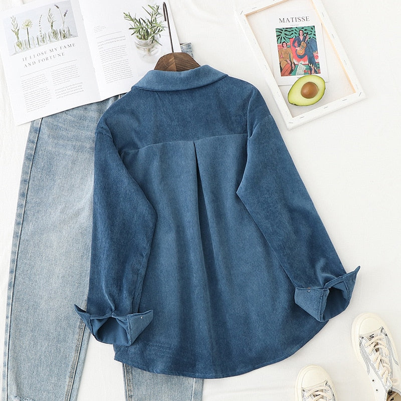 Spring Shirts Women Corduroy Blouses Loose Long Sleeve Solid Lady Tops