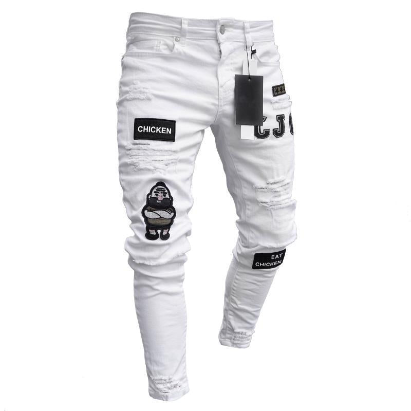 Slim-Fit Ripped Jeans Men Painted Jeans Patch Beggar Pants