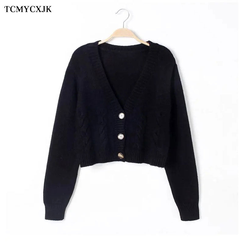 Short High Waist Slim Cable V-neck Sweater