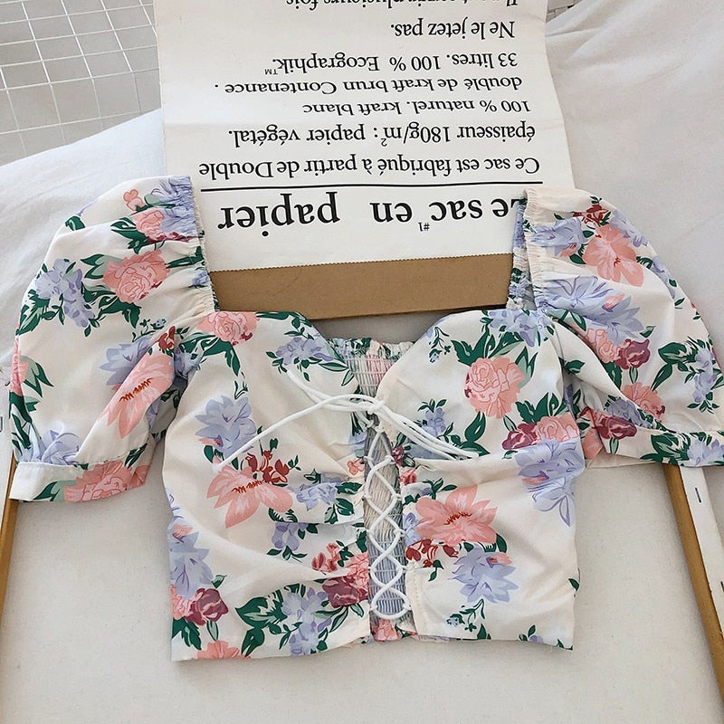 Floral Print  Drawstring Blouses Shirt Women Short Sleeve French Vintage