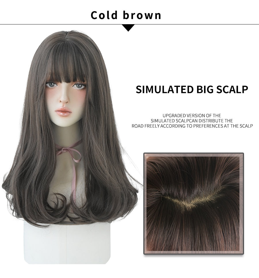 Long Wavy Synthetic Black Wigs For Women With Fringe Fashion Heat Resistant