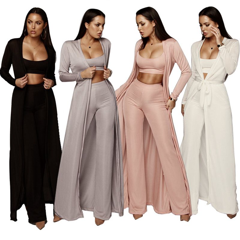 3 piece set women bandage lace up long sleeve cardigan coat loose wide leg pants